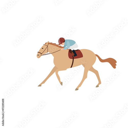 Horse racing, a jockey and a dark red horse do a gallop