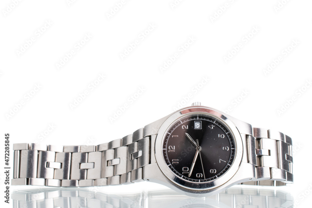 One wrist men's watch, close-up, isolated on white. One wrist men's watch, close-up, isolated on white.