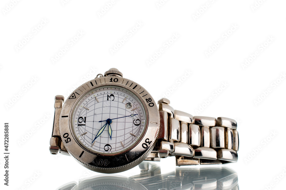 One wrist men's watch, close-up, isolated on white. One wrist men's watch, close-up, isolated on white.