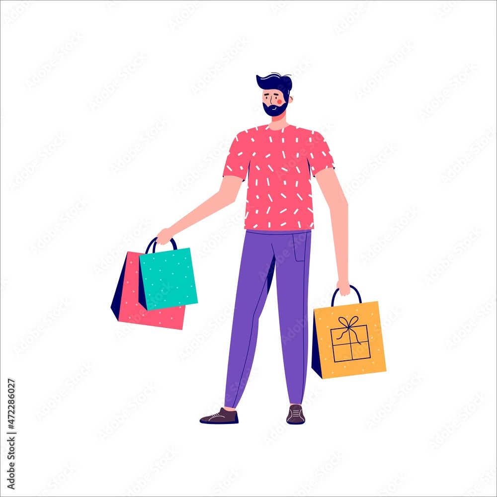 Seasonal discount sale banner with men holding shopping bag. Promotion of online store loyalty program, bonus, reward, discount card, coupon or voucher. Modern flat vector for advertisement Seasonal discount sale banner with men holding shopping bag. Promotion of online store loyalty program, bonus, reward, discount card, coupon or voucher. Modern flat vector for advertisement