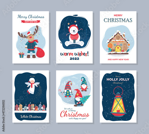 Set of Christmas Postcards. Deer with garland. Little bear with a cup. Three funny gnomes. Gingerbread house. A little angel flies over the city. Lantern with burning candle.