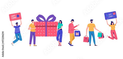 Seasonal discount website sale banner with people holding shopping bag. Promotion of online store loyalty program, bonus, reward, discount card, coupon or voucher. Modern flat vector for advertisement