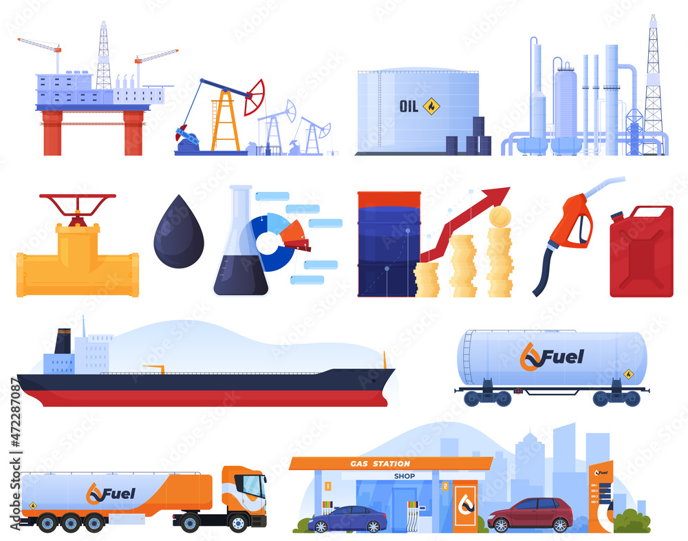 Oil industry. Oil extraction and transportation. Manufacture and sale of gasoline. Vector illustration on a white background