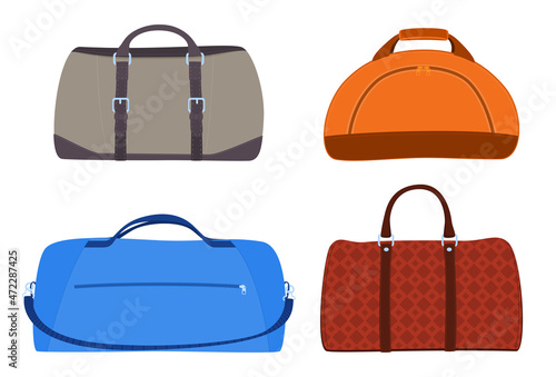 Set of travel bags. Travel luggage. Packing personal belongings in suitcases, bags. Vector illustration
