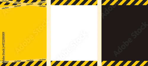 Set of caution safety banners. Black yellow white striped vertical poster. Caution safety template. Stripe yellow black tape. Hazard warning Yellow black diagonal stripes, lines. Vector illustration.