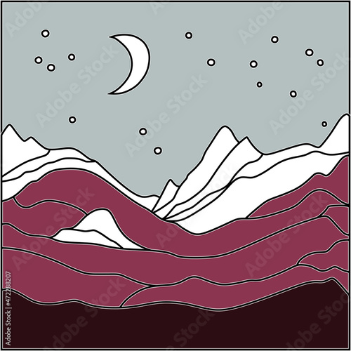 Vector illustration of a mountain landscape. High mountains. Silhouette icon logo pictogram of hills. America, Everest, Elbrus, Swiss alps. A moonlit night in the mountains. Mountain hiking