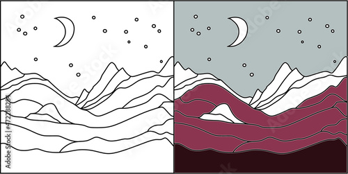 Vector illustration of a mountain landscape. High mountains. Silhouette icon logo pictogram of hills. America, Everest, Elbrus, Swiss alps. A moonlit night in the mountains. Mountain hiking