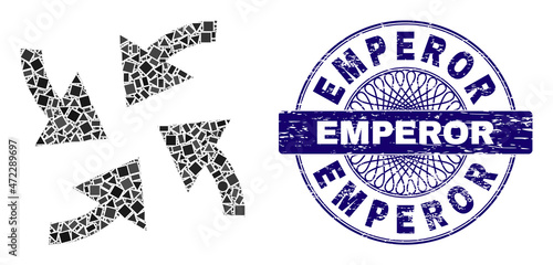 Geometric mosaic cyclone arrows, and Emperor scratched seal print. Blue seal has Emperor caption inside round form. Vector cyclone arrows mosaic is made of scattered round, triangle,