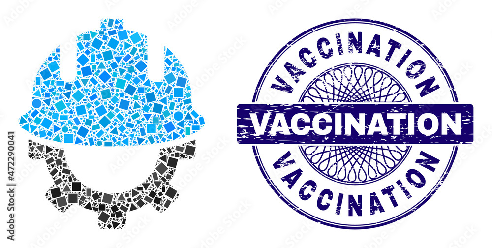 Geometric mosaic development helmet, and Vaccination corroded seal print. Violet seal has Vaccination tag inside circle form. Vector development helmet mosaic is made of random round, triangle, Geometric mosaic development helmet, and Vaccination corroded seal print. Violet seal has Vaccination tag inside circle form. Vector development helmet mosaic is made of random round, triangle,