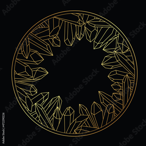 Golden round frame with outlines of healing crystals on black