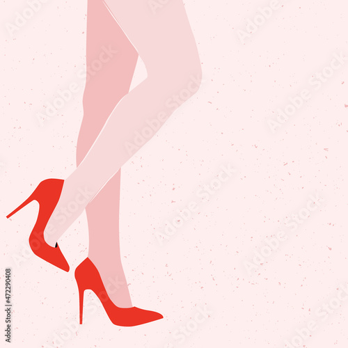 Pretty woman legs in red pumps high heels vector illustration. Classy feminine fashion background. Girl boss power graphic design.