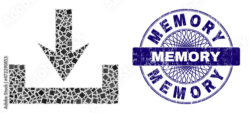 Geometric collage downloads, and Memory textured stamp seal. Blue stamp seal contains Memory tag inside round shape. Vector downloads collage is organized from different circle, triangle, square dots.