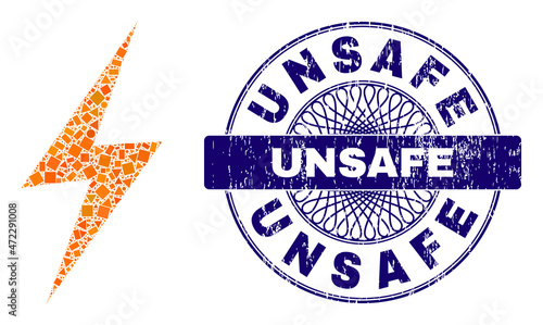 Geometric collage electric spark, and Unsafe dirty stamp seal. Blue stamp has Unsafe text inside round shape. Vector electric spark collage is designed of scattered round, triangle, rectangle parts.