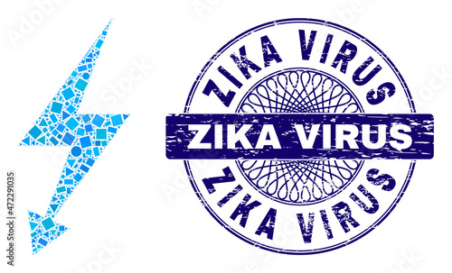 Geometric collage electric strike, and Zika Virus rubber stamp seal. Violet stamp seal includes Zika Virus tag inside round shape. Vector electric strike mosaic is done from scattered round, triangle,