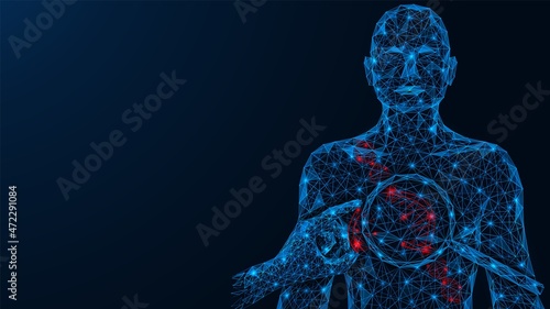 Editing the DNA of a human cell under a magnifying glass. The hand with the missing part of the molecule. A low-poly torso model of interconnected lines and dots. Blue background.