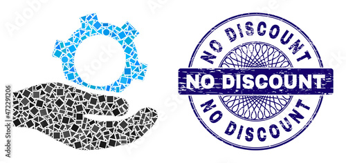 Geometric collage engineering service, and No Discount scratched stamp seal. Blue stamp seal includes No Discount caption inside circle form.