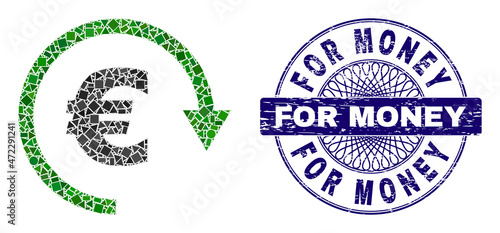 Geometric mosaic Euro repay, and For Money unclean stamp seal. Violet seal contains For Money text inside circle form. Vector Euro repay mosaic is designed from random circle, triangle, square items.