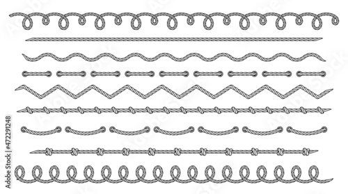 Rope. Set of various seamless decorative rope elements. Rope decorations, laces, knots, frames. Nautical rope, shoe lacing, decorative binding. Seamless rope patterns. Isolation. Vector illustration
