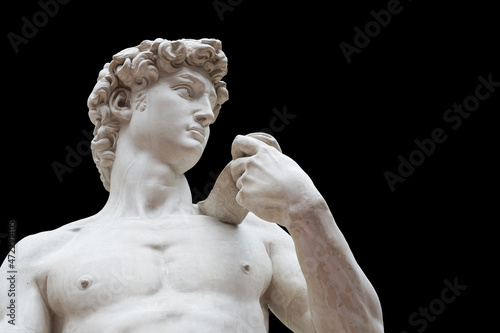 Statue of David isolate. Sculpture of the ancient Greek mythical hero David by the artist Michelangelo.