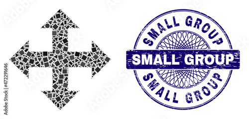 Geometric mosaic expand, and Small Group unclean seal print. Violet seal contains Small Group title inside circle shape. Vector expand mosaic is designed with different circle, triangle, square items.