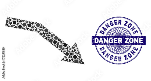 Geometric collage fail trend, and Danger Zone textured seal print. Blue stamp seal has Danger Zone caption inside round shape. Vector fail trend collage is made of randomized round, triangle,