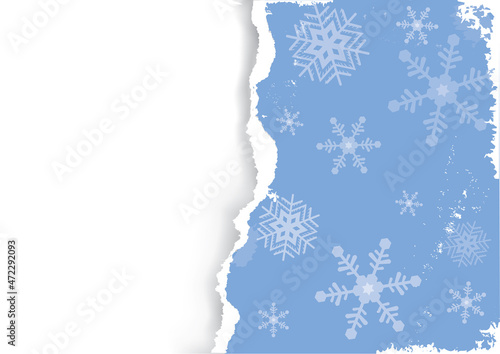 
Grunge Blue christmas background with torn paper.
Illustration of ripped paper with snow flakes. Place for your text or image. Vector available.