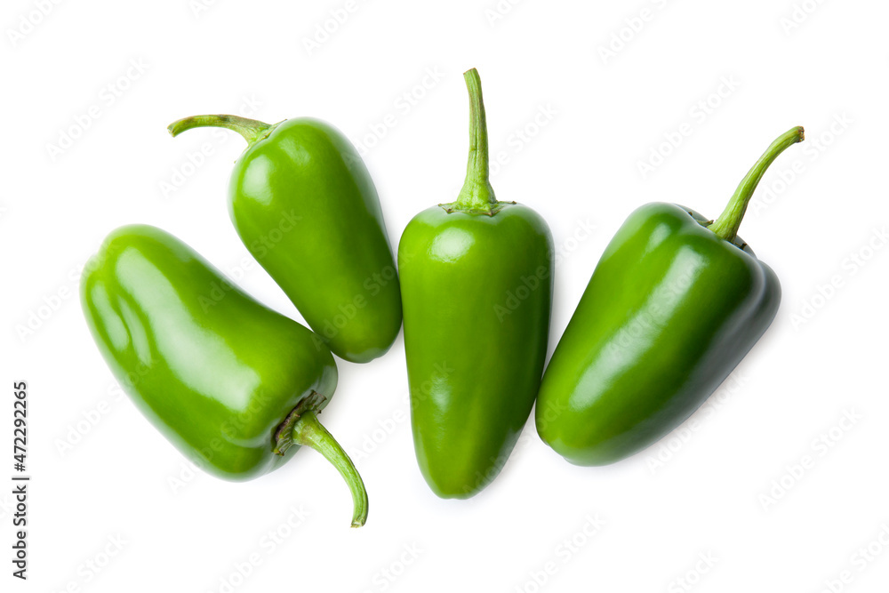 Ripe jalapeno or pepperoni isolated on white background. Closeup view of green chili pepper. Hot spice Ripe jalapeno or pepperoni isolated on white background. Closeup view of green chili pepper. Hot spice