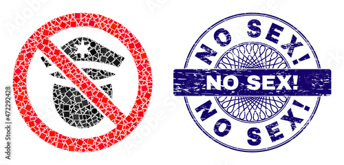 Geometric mosaic forbid police cop, and No Sex! scratched seal. Blue stamp seal contains No Sex! text inside circle form. Vector forbid police cop mosaic is constructed from scattered spheric,