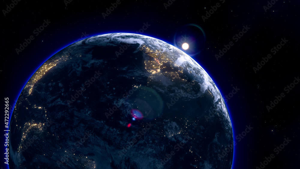 Obraz premium 3d render of the planet Earth from the night side with rising sun