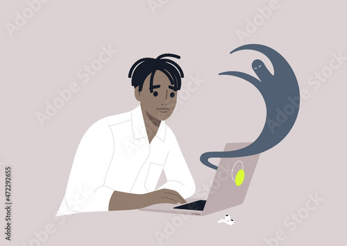 A young male African character suffering from internet haters, cyberbullying, stress at work