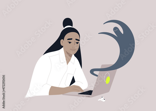 A young female Asian character suffering from internet haters, cyberbullying, stress at work