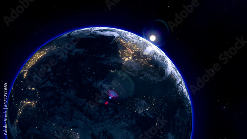 Fototapeta Naklejka Na Ścianę i Meble -  3d render of the planet Earth from the night side with rising sun