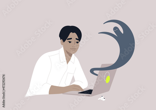 A young male Asian character suffering from internet haters, cyberbullying, stress at work