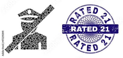 Geometric mosaic frorbidden police, and Rated 21 unclean stamp. Violet stamp seal includes Rated 21 text inside round form. Vector frorbidden police mosaic is designed of different round, triangle,