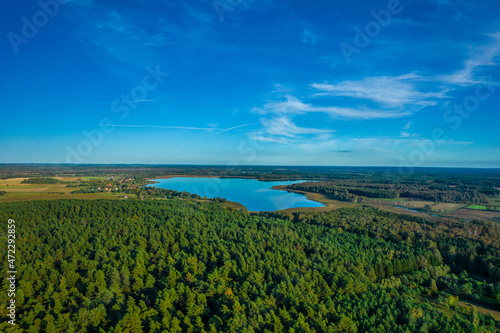 Aerial landscape of the green forest and small lake in a daylight. Blue sky.
