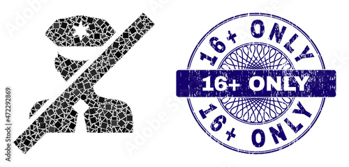 Geometric collage frorbidden police officer, and 16+ Only scratched stamp seal. Blue seal has 16+ Only caption inside round form.