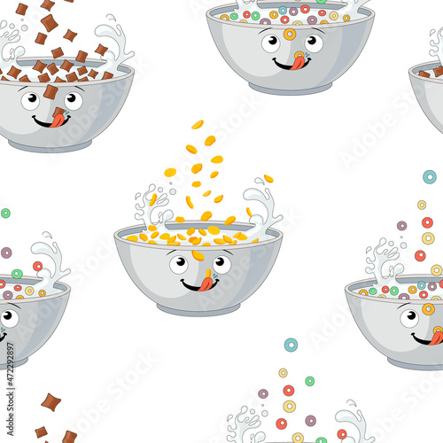 Seamless Pattern, Cereals, Different Breakfast Illustrations on White Background, Chocolate Pads, Corn Flakes.