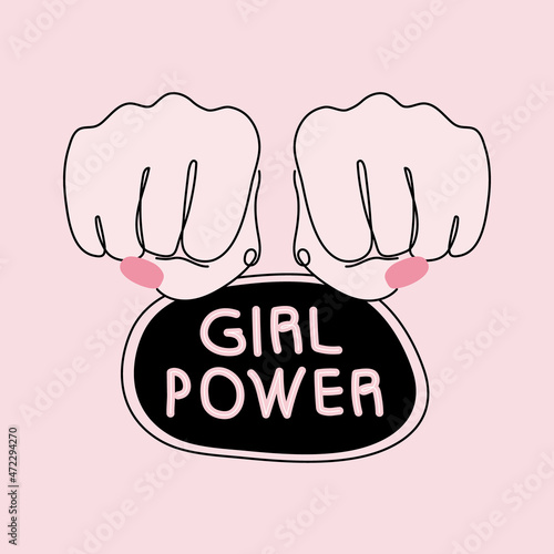 Feminist vector illustration femail fist and lettering GIRL POWER
