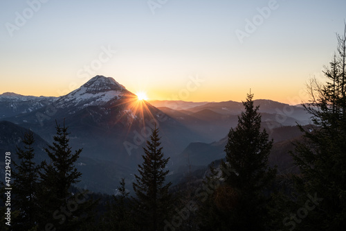 the sun is setting over the Austrian alps © Matthias