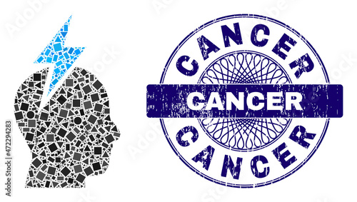 Geometric collage headache, and Cancer grunge stamp seal. Blue stamp seal includes Cancer caption inside round shape. Vector headache collage is formed of different circle, triangle,