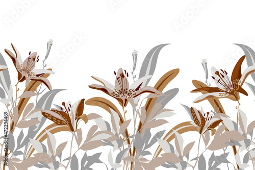 Vector floral seamless pattern, border. Horizontal panoramic design with gray-brown flowers, twigs and leaves.