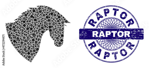 Geometric collage horse head, and Raptor rubber stamp seal. Blue stamp seal includes Raptor title inside round shape. Vector horse head mosaic is composed from randomized round, triangle,