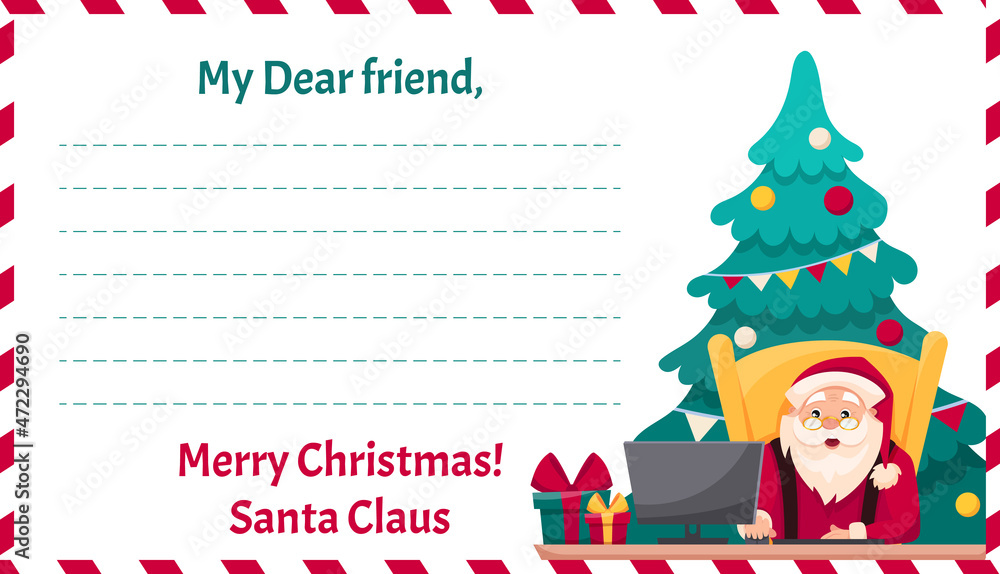 Christmas letter template from Santa Claus. Santa is sitting with laptop and writing messages to children of the world. Merry Christmas concept. Cartoon vector illustration Christmas letter template from Santa Claus. Santa is sitting with laptop and writing messages to children of the world. Merry Christmas concept. Cartoon vector illustration