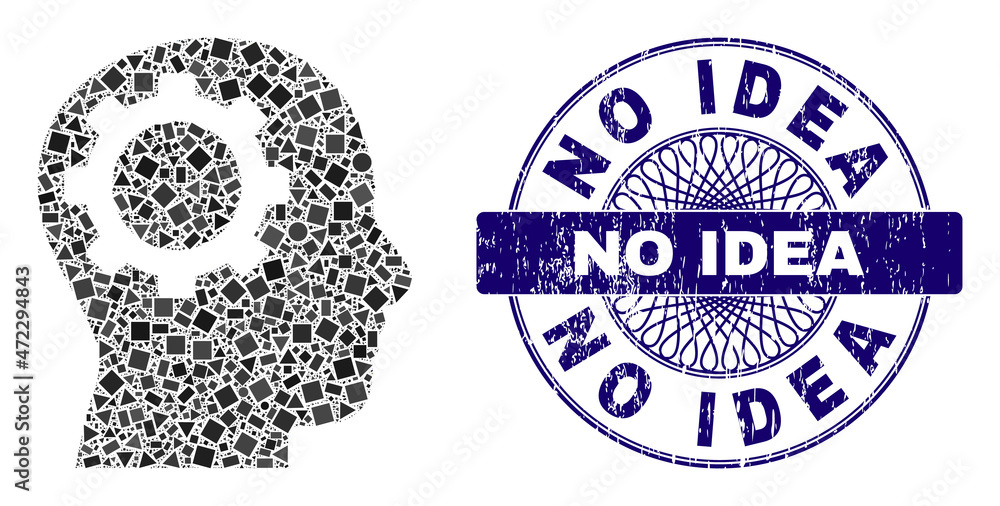Geometric mosaic intellect gear, and No Idea dirty stamp seal. Violet stamp seal contains No Idea tag inside circle form. Vector intellect gear collage is created from scattered circle, triangle, Geometric mosaic intellect gear, and No Idea dirty stamp seal. Violet stamp seal contains No Idea tag inside circle form. Vector intellect gear collage is created from scattered circle, triangle,