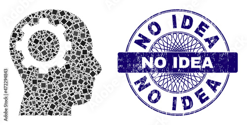 Geometric mosaic intellect gear, and No Idea dirty stamp seal. Violet stamp seal contains No Idea tag inside circle form. Vector intellect gear collage is created from scattered circle, triangle,