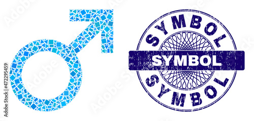 Geometric mosaic male symbol, and Symbol corroded seal print. Violet seal has Symbol text inside round form. Vector male symbol mosaic is composed of different round, triangle, square elements.