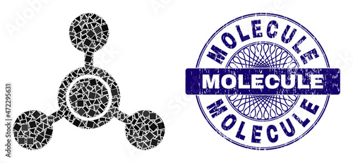 Geometric collage methane molecule, and Molecule unclean stamp seal. Violet seal includes Molecule tag inside circle form. Vector methane molecule collage is composed from random circle, triangle,