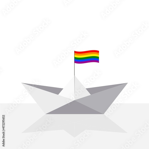 Free Download Origami paper ship with reflection and rainbow flag. LGBT concept. Vector. - GFXLoad