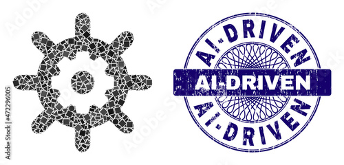 Geometric mosaic nanotechnology, and Ai-Driven textured seal. Violet stamp seal has Ai-Driven tag inside circle shape. Vector nanotechnology mosaic is created with random circle, triangle,