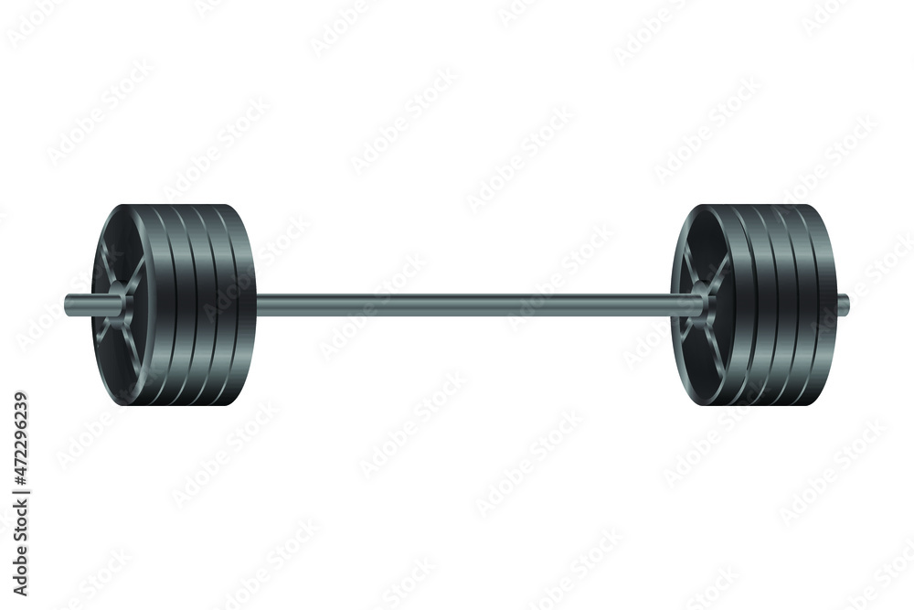 realistic fitness vector front view of an olympic barbell with black iron plates isolated on white background. realistic fitness vector front view of an olympic barbell with black iron plates isolated on white background.
